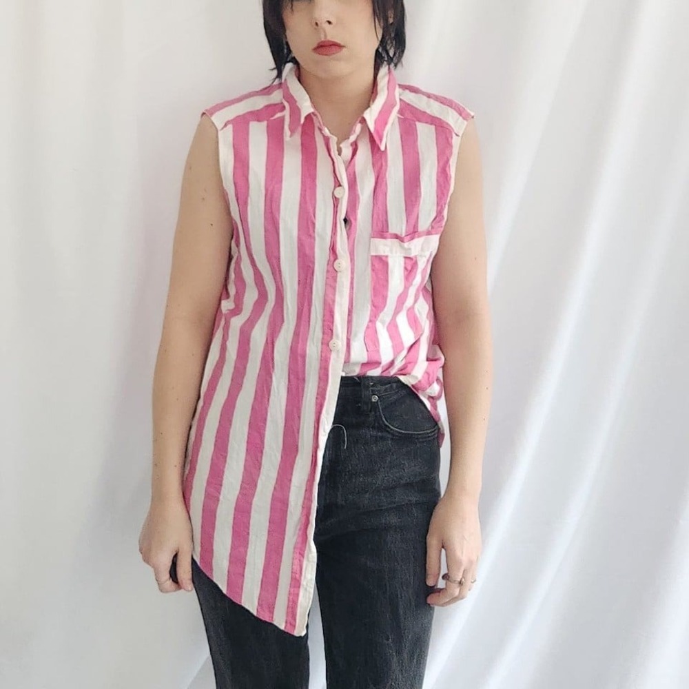 80s/90s Pink and White Striped Sleeveless‎ Cotton Button Down